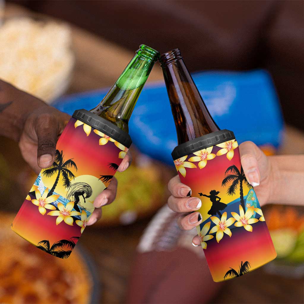 Tropical Islands Sunset Hawaii 4 in 1 Can Cooler Tumbler Go Surfing With Hula Girl - Summer Vibes LT14 - Polynesian Pride