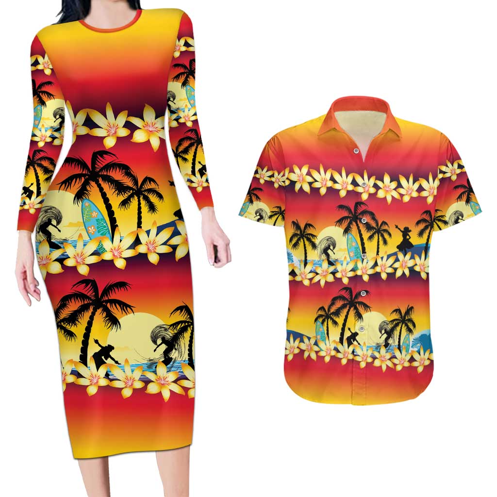 Tropical Islands Sunset Hawaii Couples Matching Long Sleeve Bodycon Dress and Hawaiian Shirt Go Surfing With Hula Girl - Summer Vibes LT14 Red - Polynesian Pride