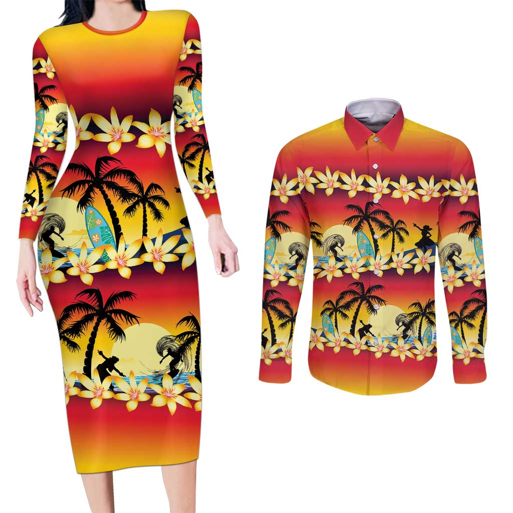 Tropical Islands Sunset Hawaii Couples Matching Long Sleeve Bodycon Dress and Long Sleeve Button Shirt Go Surfing With Hula Girl - Summer Vibes LT14 Red - Polynesian Pride