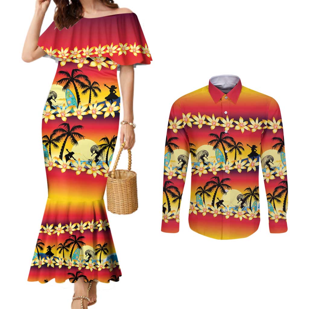 Tropical Islands Sunset Hawaii Couples Matching Mermaid Dress and Long Sleeve Button Shirt Go Surfing With Hula Girl - Summer Vibes LT14 Red - Polynesian Pride