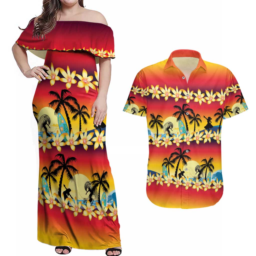Tropical Islands Sunset Hawaii Couples Matching Off Shoulder Maxi Dress and Hawaiian Shirt Go Surfing With Hula Girl - Summer Vibes LT14 Red - Polynesian Pride