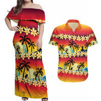 Tropical Islands Sunset Hawaii Couples Matching Off Shoulder Maxi Dress and Hawaiian Shirt Go Surfing With Hula Girl - Summer Vibes LT14 Red - Polynesian Pride