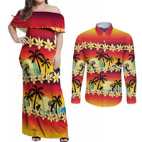 Tropical Islands Sunset Hawaii Couples Matching Off Shoulder Maxi Dress and Long Sleeve Button Shirt Go Surfing With Hula Girl - Summer Vibes LT14 Red - Polynesian Pride