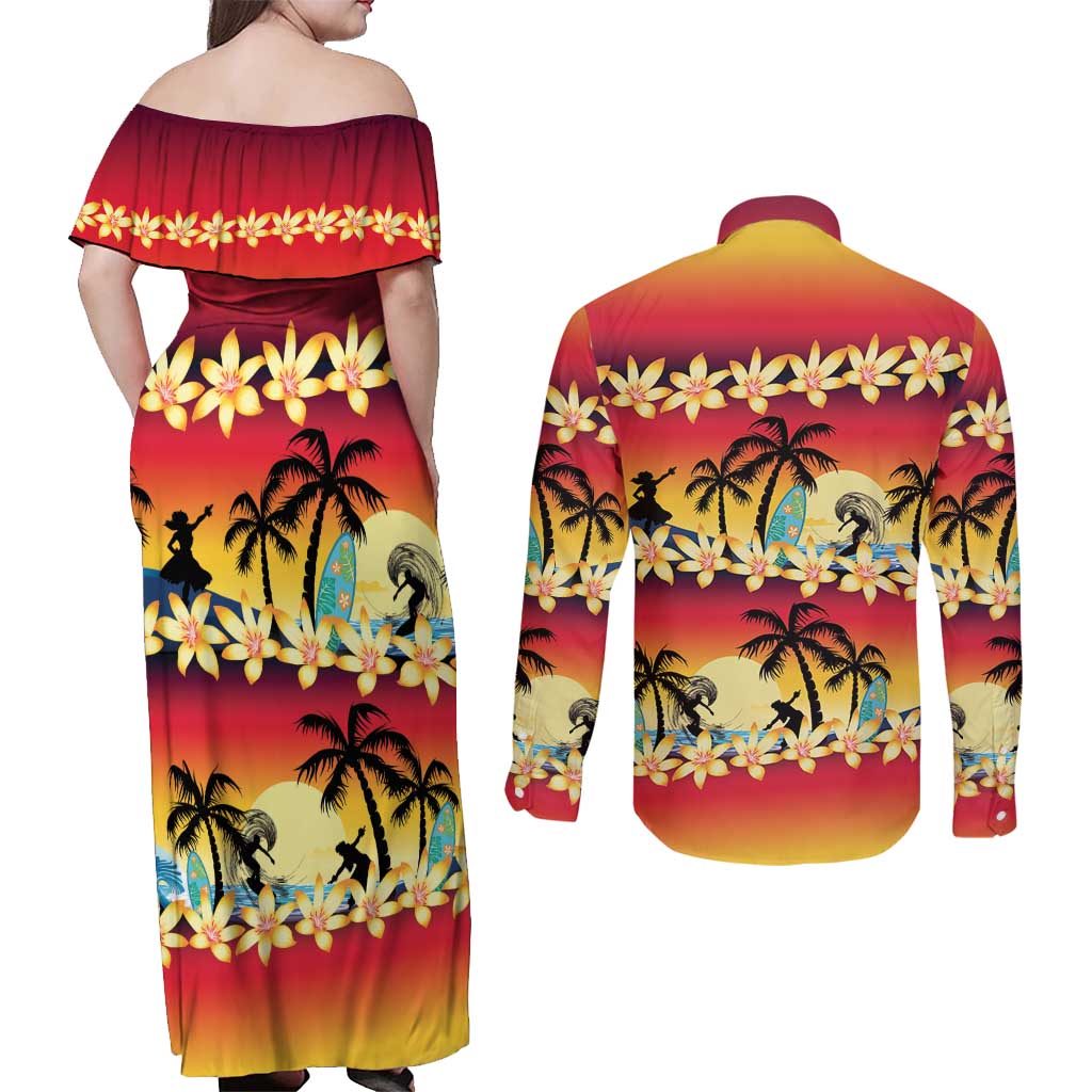 Tropical Islands Sunset Hawaii Couples Matching Off Shoulder Maxi Dress and Long Sleeve Button Shirt Go Surfing With Hula Girl - Summer Vibes LT14 - Polynesian Pride