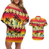 Tropical Islands Sunset Hawaii Couples Matching Off Shoulder Short Dress and Hawaiian Shirt Go Surfing With Hula Girl - Summer Vibes LT14 Red - Polynesian Pride