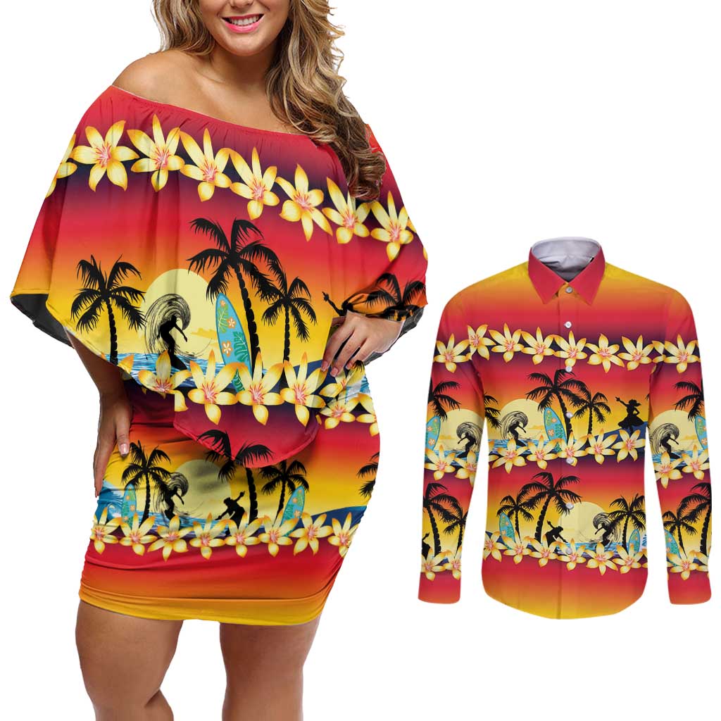 Tropical Islands Sunset Hawaii Couples Matching Off Shoulder Short Dress and Long Sleeve Button Shirt Go Surfing With Hula Girl - Summer Vibes LT14 Red - Polynesian Pride