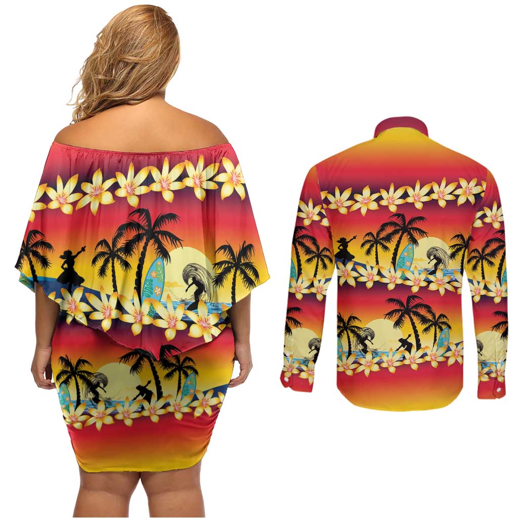 Tropical Islands Sunset Hawaii Couples Matching Off Shoulder Short Dress and Long Sleeve Button Shirt Go Surfing With Hula Girl - Summer Vibes LT14 - Polynesian Pride