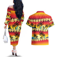 Tropical Islands Sunset Hawaii Couples Matching Off The Shoulder Long Sleeve Dress and Hawaiian Shirt Go Surfing With Hula Girl - Summer Vibes LT14 - Polynesian Pride