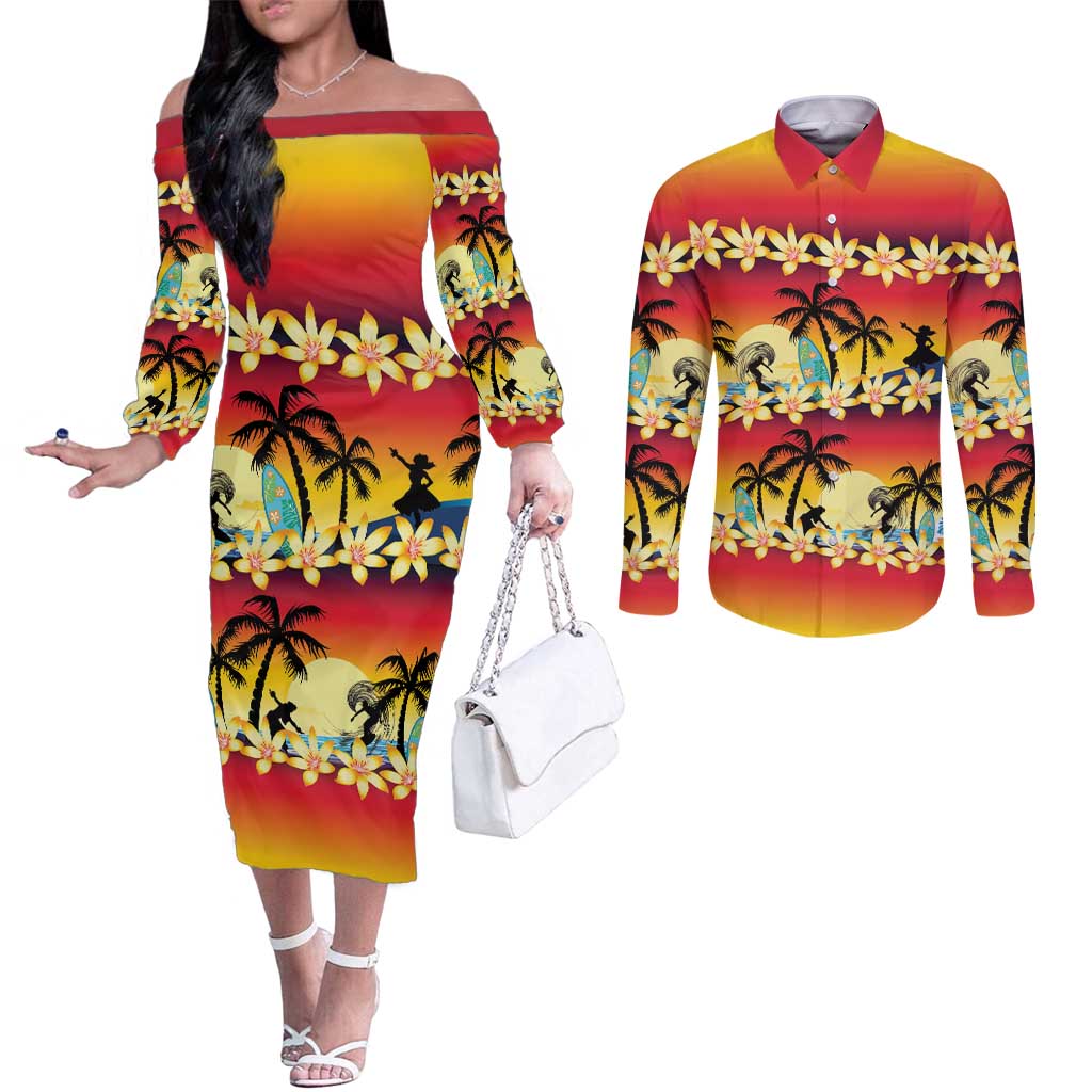 Tropical Islands Sunset Hawaii Couples Matching Off The Shoulder Long Sleeve Dress and Long Sleeve Button Shirt Go Surfing With Hula Girl - Summer Vibes LT14 Red - Polynesian Pride