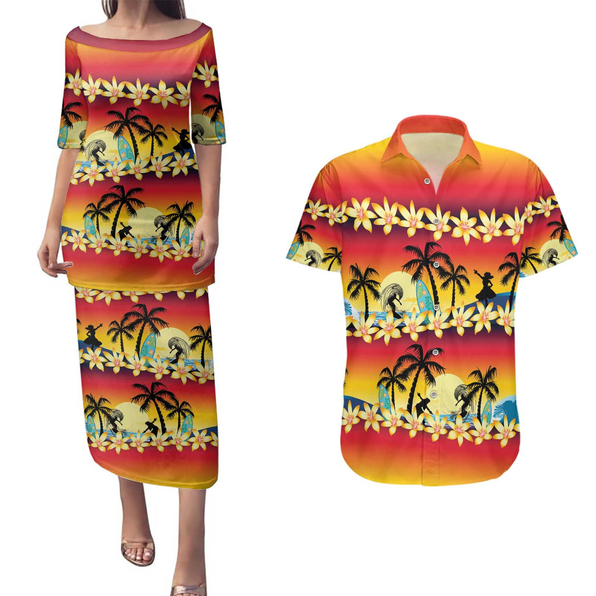 Tropical Islands Sunset Hawaii Couples Matching Puletasi and Hawaiian Shirt Go Surfing With Hula Girl - Summer Vibes LT14 Red - Polynesian Pride