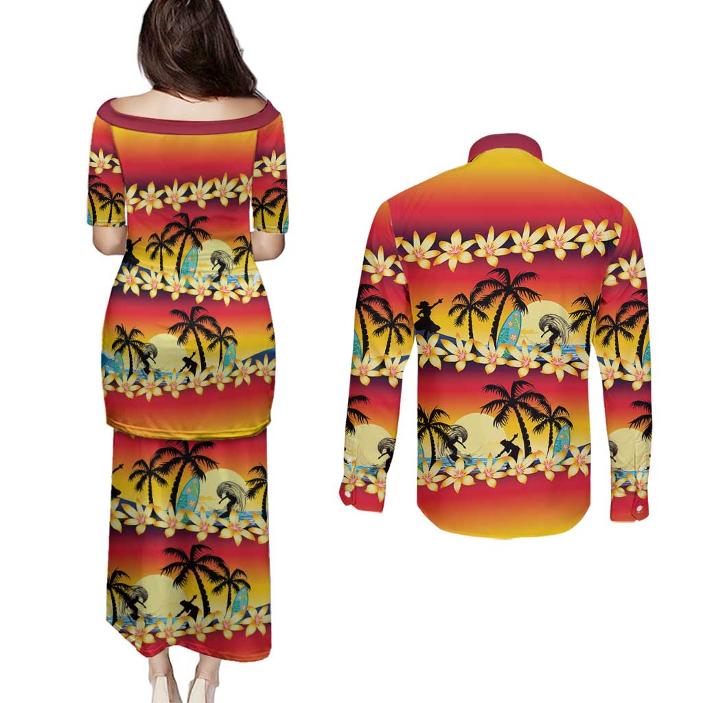 Tropical Islands Sunset Hawaii Couples Matching Puletasi and Long Sleeve Button Shirt Go Surfing With Hula Girl - Summer Vibes LT14 - Polynesian Pride
