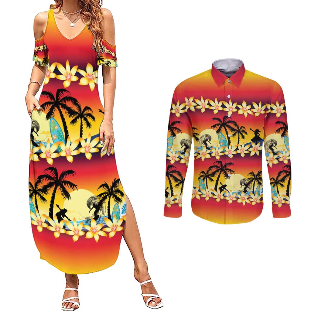 Tropical Islands Sunset Hawaii Couples Matching Summer Maxi Dress and Long Sleeve Button Shirt Go Surfing With Hula Girl - Summer Vibes LT14 Red - Polynesian Pride