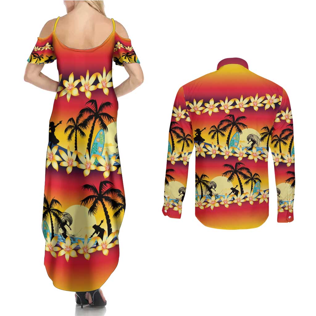 Tropical Islands Sunset Hawaii Couples Matching Summer Maxi Dress and Long Sleeve Button Shirt Go Surfing With Hula Girl - Summer Vibes LT14 - Polynesian Pride