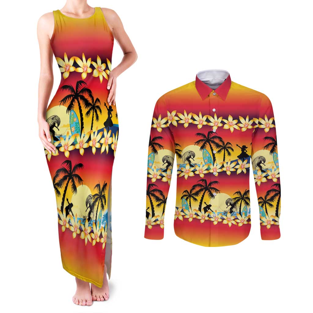 Tropical Islands Sunset Hawaii Couples Matching Tank Maxi Dress and Long Sleeve Button Shirt Go Surfing With Hula Girl - Summer Vibes LT14 Red - Polynesian Pride