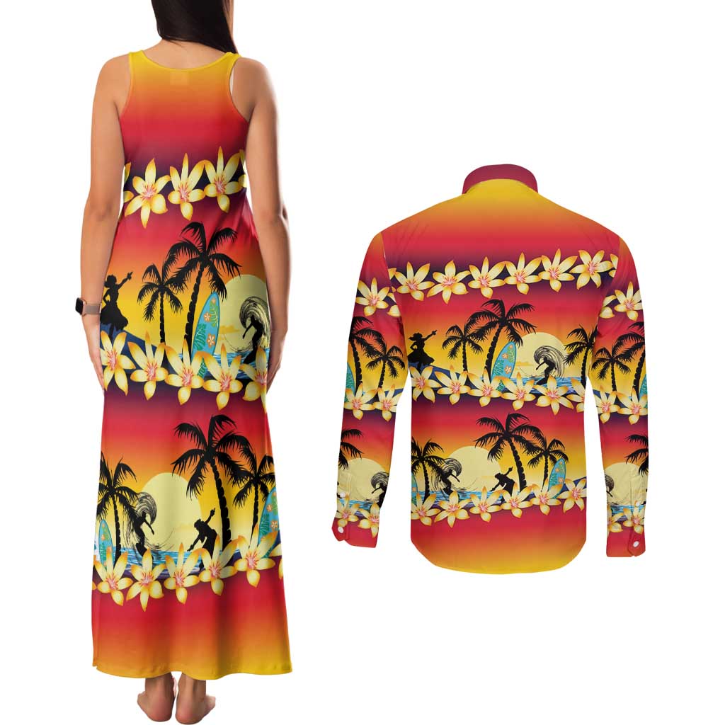Tropical Islands Sunset Hawaii Couples Matching Tank Maxi Dress and Long Sleeve Button Shirt Go Surfing With Hula Girl - Summer Vibes LT14 - Polynesian Pride
