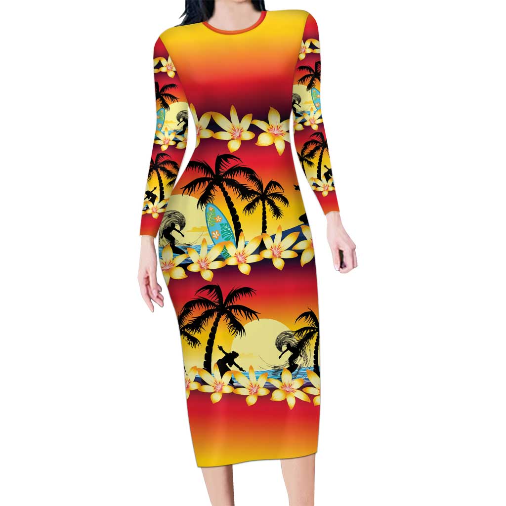 Tropical Islands Sunset Hawaii Family Matching Long Sleeve Bodycon Dress and Hawaiian Shirt Go Surfing With Hula Girl - Summer Vibes LT14 Mom's Dress Red - Polynesian Pride