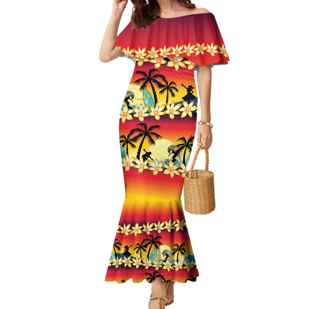Tropical Islands Sunset Hawaii Family Matching Mermaid Dress and Hawaiian Shirt Go Surfing With Hula Girl - Summer Vibes LT14 Mom's Dress Red - Polynesian Pride