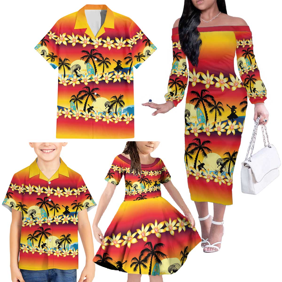 Tropical Islands Sunset Hawaii Family Matching Off The Shoulder Long Sleeve Dress and Hawaiian Shirt Go Surfing With Hula Girl - Summer Vibes LT14 - Polynesian Pride