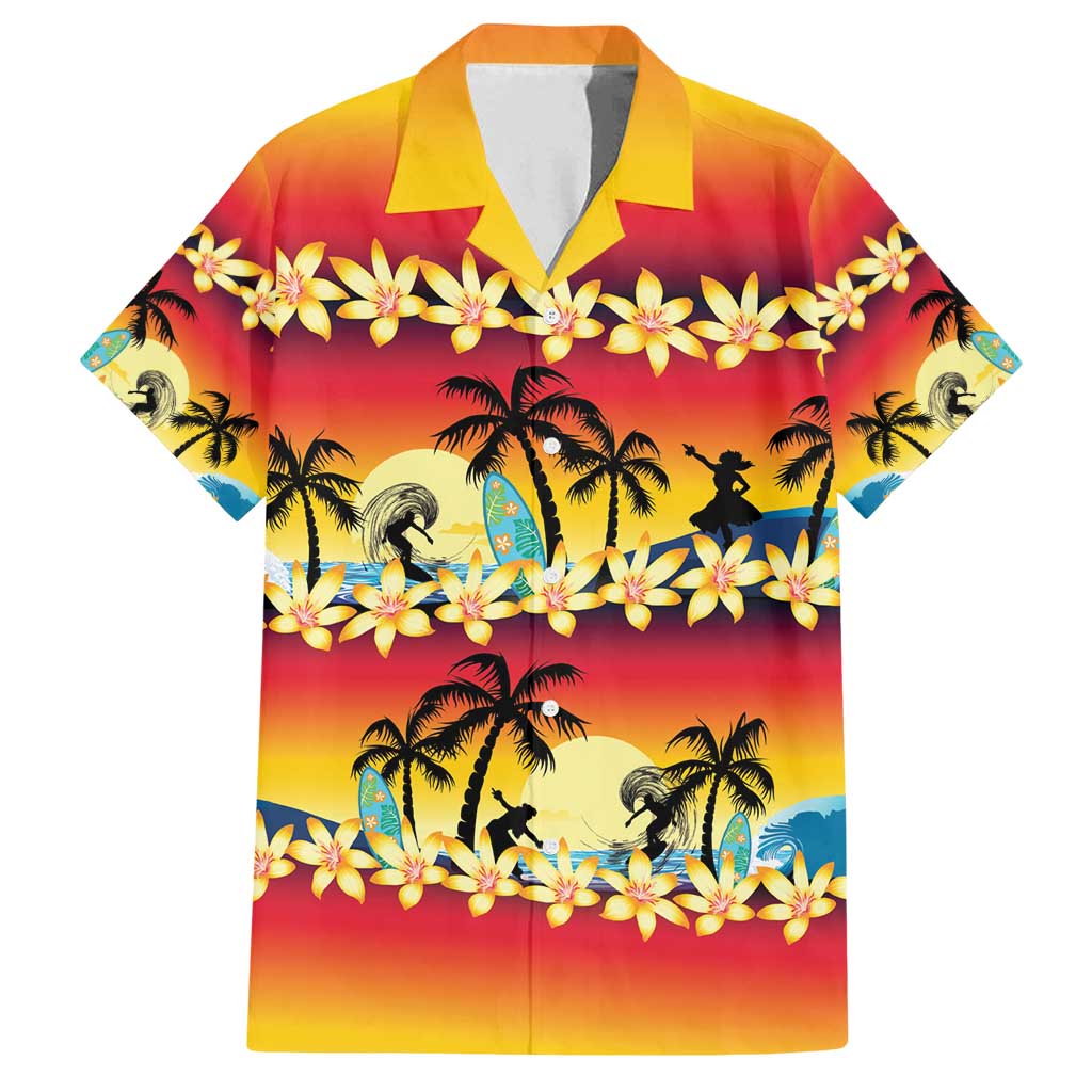 Tropical Islands Sunset Hawaii Family Matching Off Shoulder Maxi Dress and Hawaiian Shirt Go Surfing With Hula Girl - Summer Vibes LT14 Dad's Shirt - Short Sleeve Red - Polynesian Pride