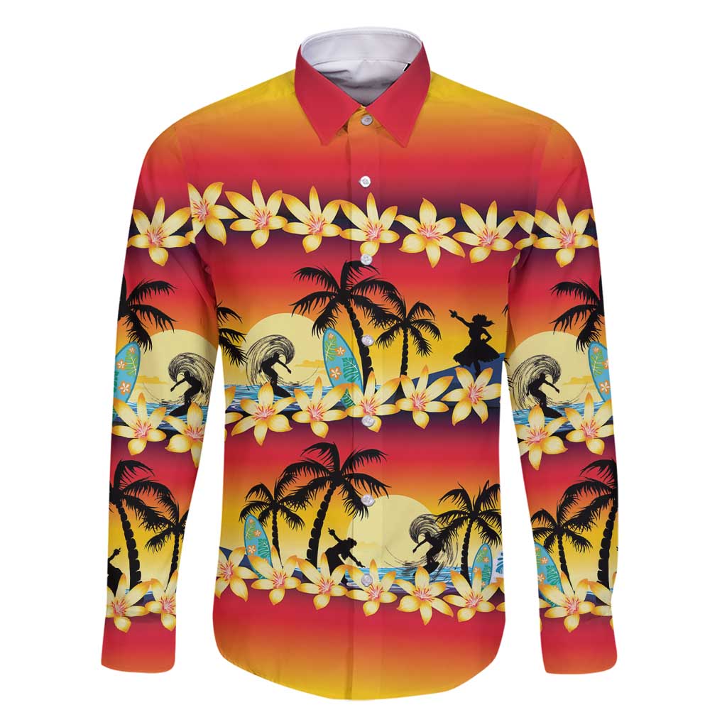 Tropical Islands Sunset Hawaii Family Matching Off Shoulder Maxi Dress and Hawaiian Shirt Go Surfing With Hula Girl - Summer Vibes LT14 Dad's Shirt - Long Sleeve Red - Polynesian Pride