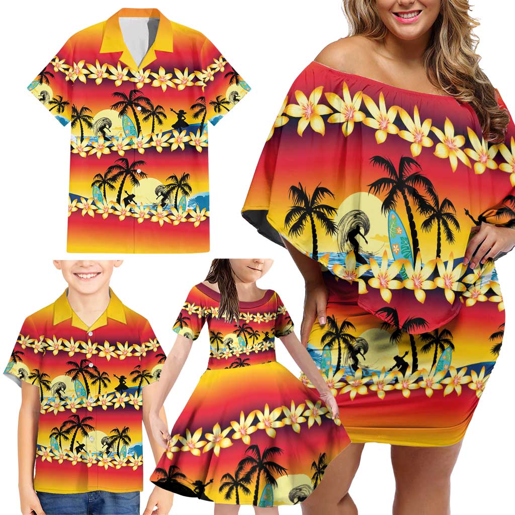 Tropical Islands Sunset Hawaii Family Matching Off Shoulder Short Dress and Hawaiian Shirt Go Surfing With Hula Girl - Summer Vibes LT14 - Polynesian Pride