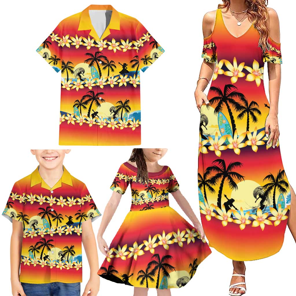 Tropical Islands Sunset Hawaii Family Matching Summer Maxi Dress and Hawaiian Shirt Go Surfing With Hula Girl - Summer Vibes LT14 - Polynesian Pride