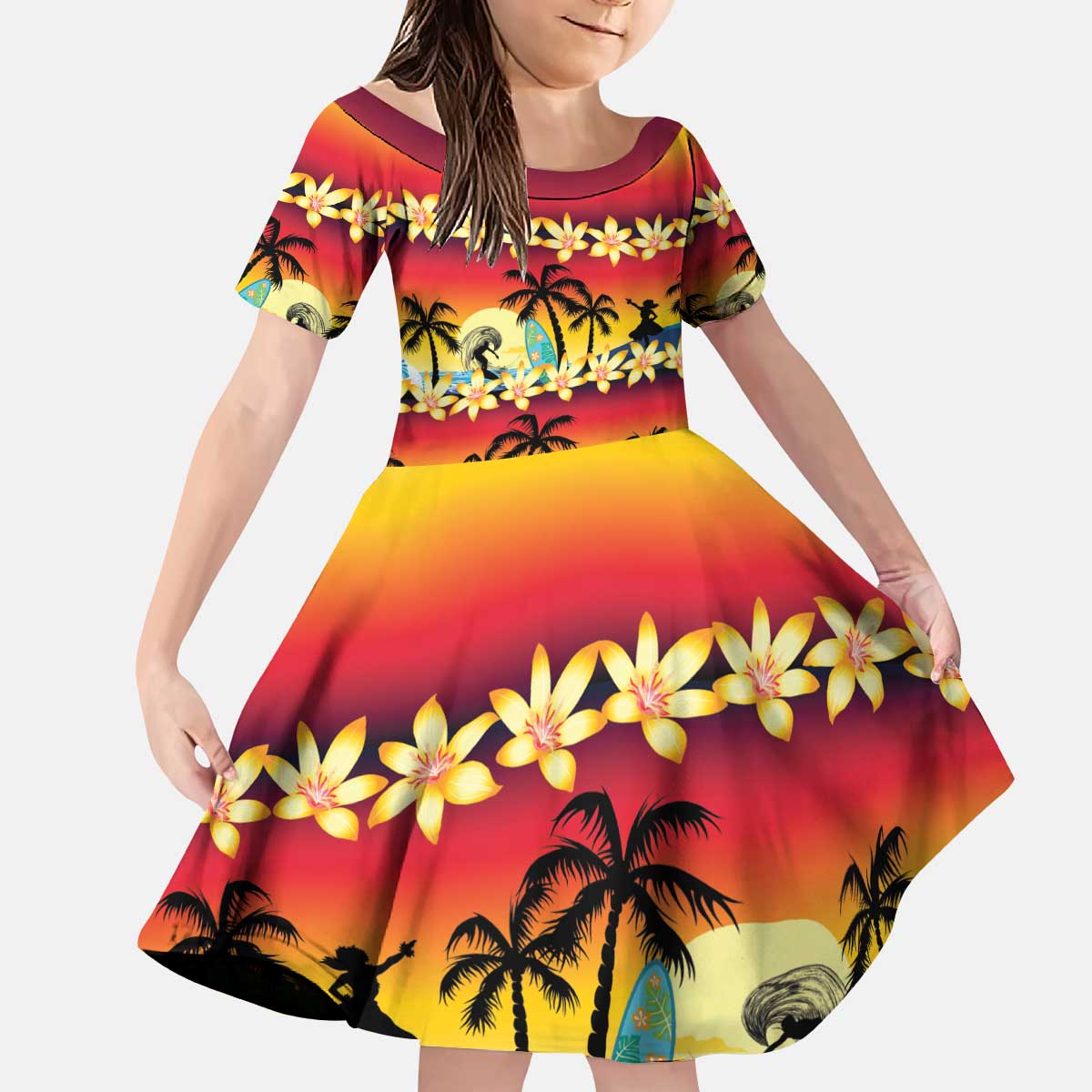 Tropical Islands Sunset Hawaii Kid Short Sleeve Dress Go Surfing With Hula Girl - Summer Vibes LT14 KID Red - Polynesian Pride