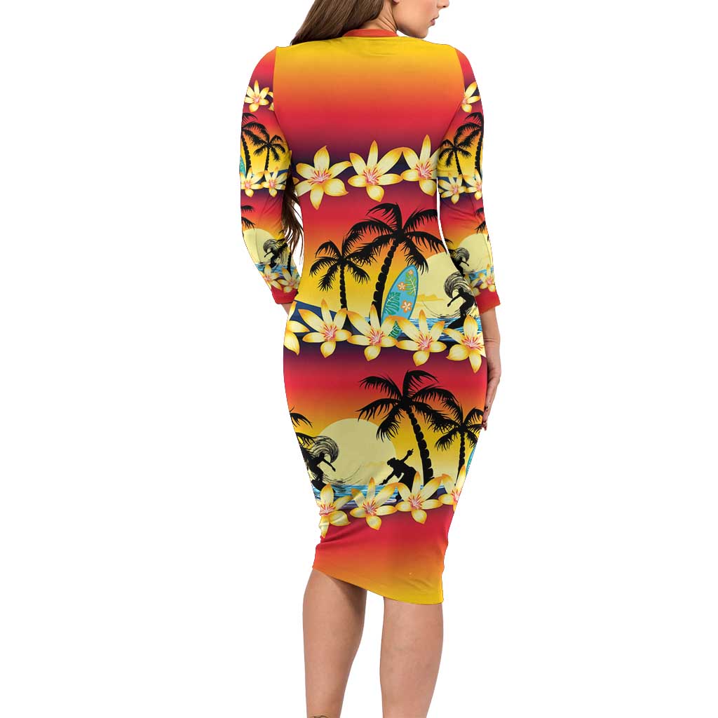 Tropical Islands Sunset Hawaii Long Sleeve Bodycon Dress Go Surfing With Hula Girl - Summer Vibes LT14 - Polynesian Pride