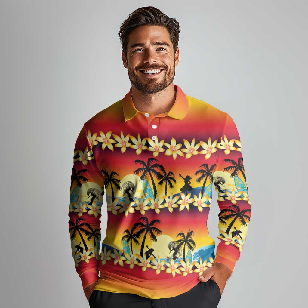 Tropical Islands Sunset Hawaii Long Sleeve Polo Shirt Go Surfing With Hula Girl - Summer Vibes LT14 - Polynesian Pride