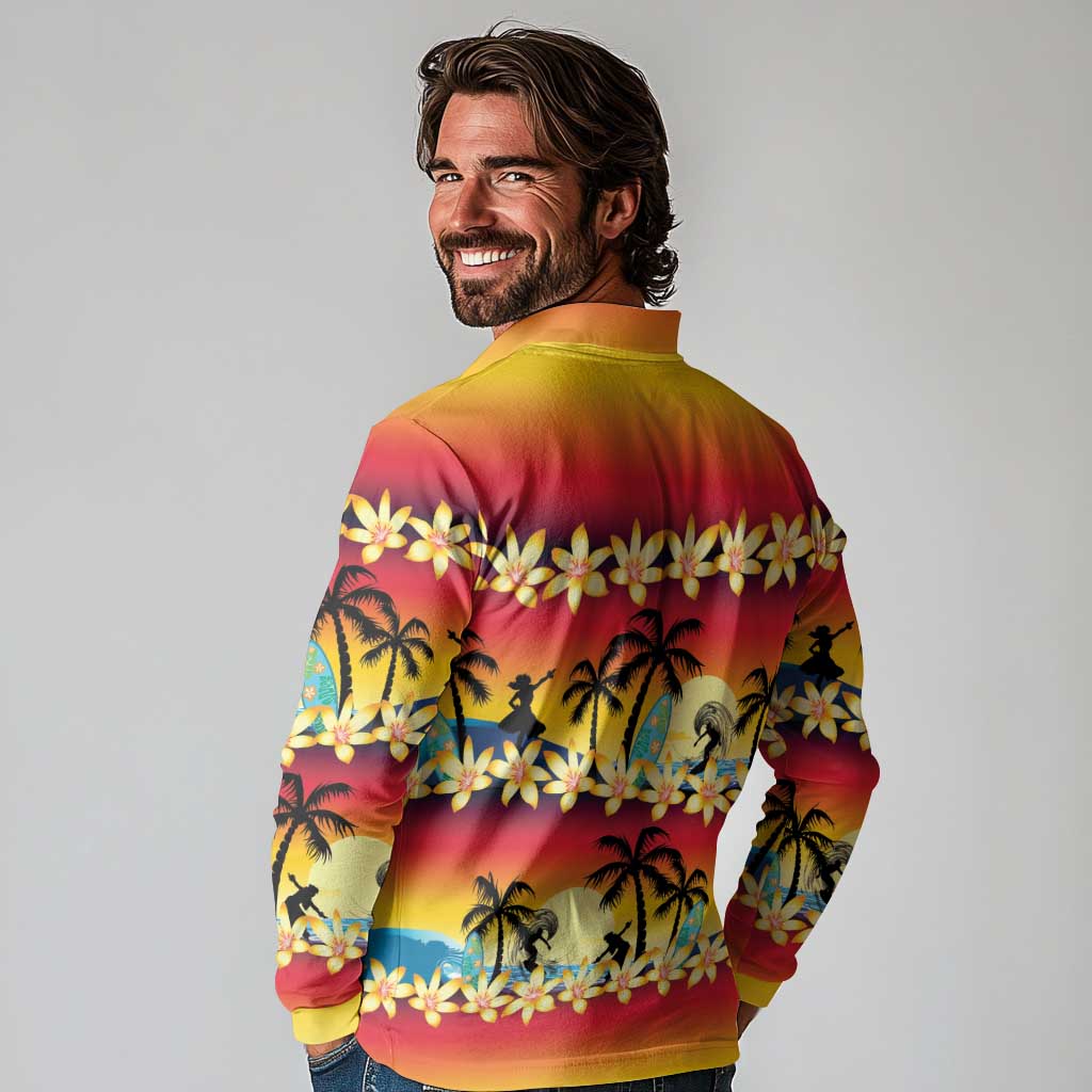 Tropical Islands Sunset Hawaii Long Sleeve Polo Shirt Go Surfing With Hula Girl - Summer Vibes LT14 - Polynesian Pride