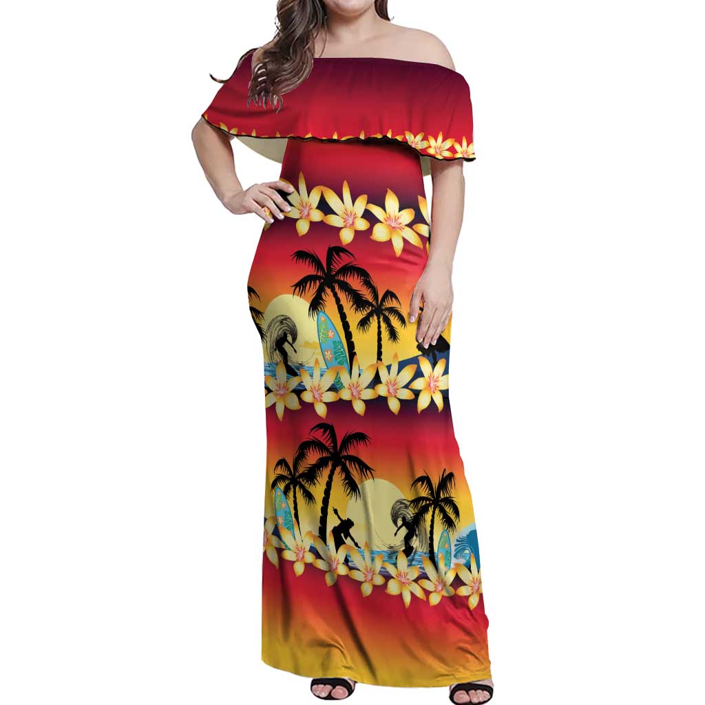 Tropical Islands Sunset Hawaii Off Shoulder Maxi Dress Go Surfing With Hula Girl - Summer Vibes LT14 Women Red - Polynesian Pride