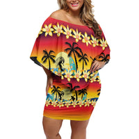 Tropical Islands Sunset Hawaii Off Shoulder Short Dress Go Surfing With Hula Girl - Summer Vibes LT14 Women Red - Polynesian Pride