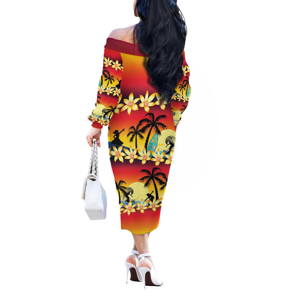 Tropical Islands Sunset Hawaii Off The Shoulder Long Sleeve Dress Go Surfing With Hula Girl - Summer Vibes LT14 - Polynesian Pride