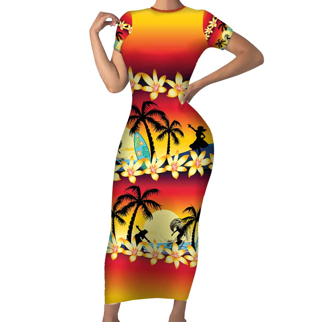 Tropical Islands Sunset Hawaii Short Sleeve Bodycon Dress Go Surfing With Hula Girl - Summer Vibes LT14 Long Dress Red - Polynesian Pride