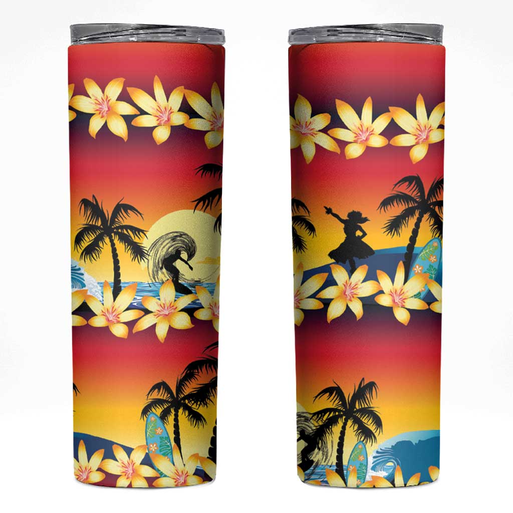 Tropical Islands Sunset Hawaii Skinny Tumbler Go Surfing With Hula Girl - Summer Vibes LT14 Red - Polynesian Pride