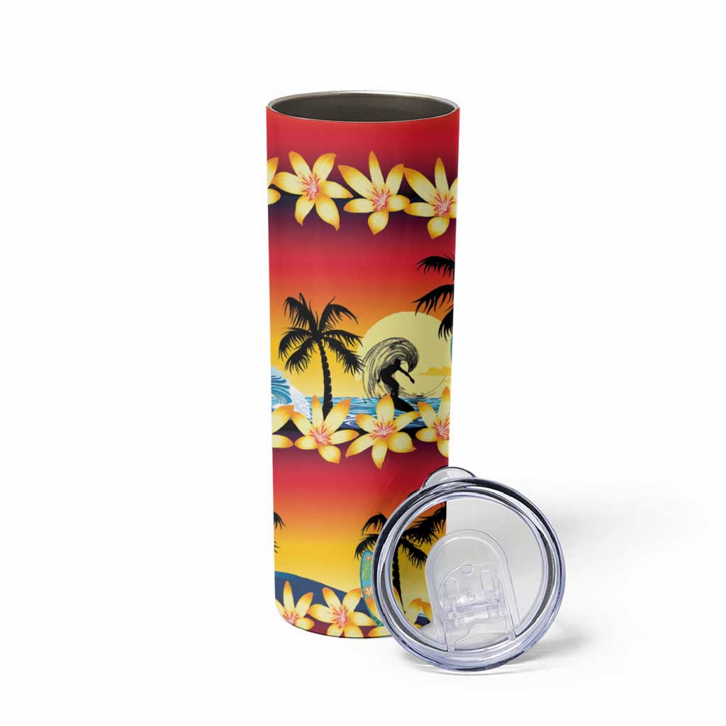 Tropical Islands Sunset Hawaii Skinny Tumbler Go Surfing With Hula Girl - Summer Vibes LT14 - Polynesian Pride
