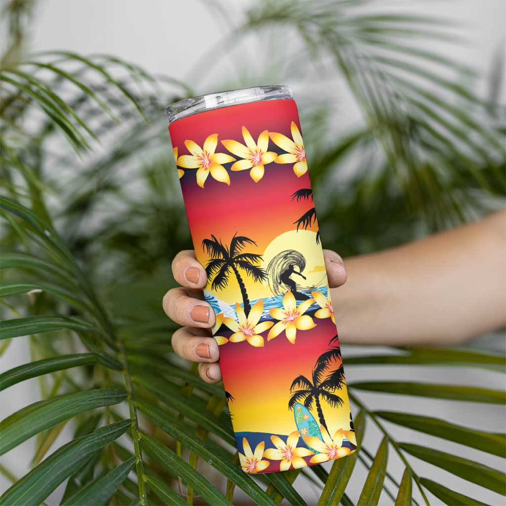 Tropical Islands Sunset Hawaii Skinny Tumbler Go Surfing With Hula Girl - Summer Vibes LT14 - Polynesian Pride