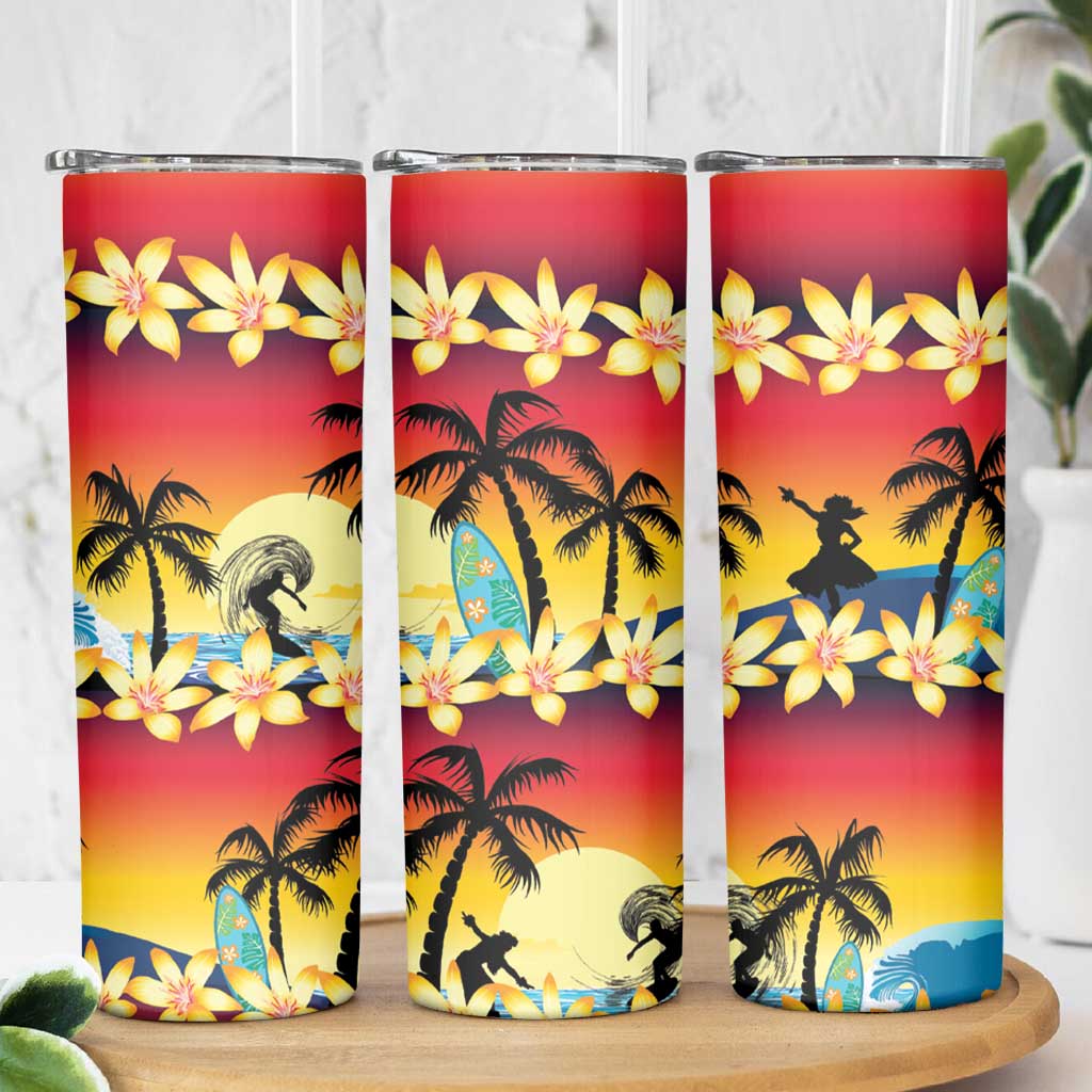 Tropical Islands Sunset Hawaii Skinny Tumbler Go Surfing With Hula Girl - Summer Vibes LT14 - Polynesian Pride