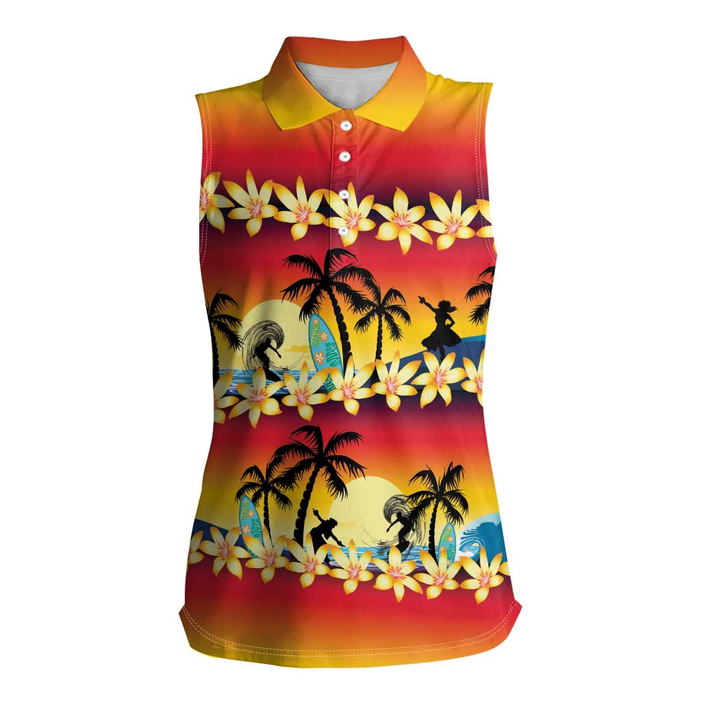 Tropical Islands Sunset Hawaii Women Sleeveless Polo Shirt Go Surfing With Hula Girl - Summer Vibes LT14 Female Red - Polynesian Pride
