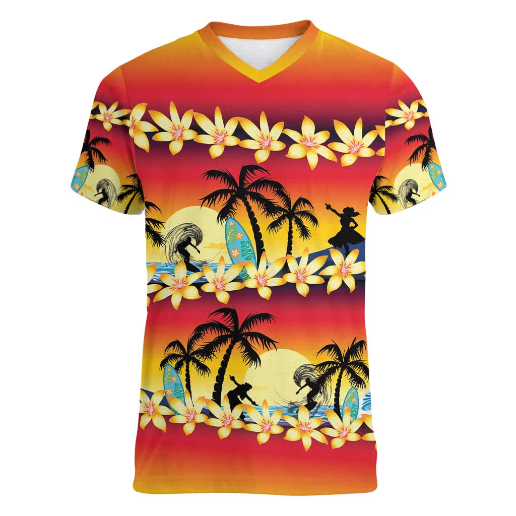 Tropical Islands Sunset Hawaii Women V-Neck T-Shirt Go Surfing With Hula Girl - Summer Vibes LT14 Female Red - Polynesian Pride
