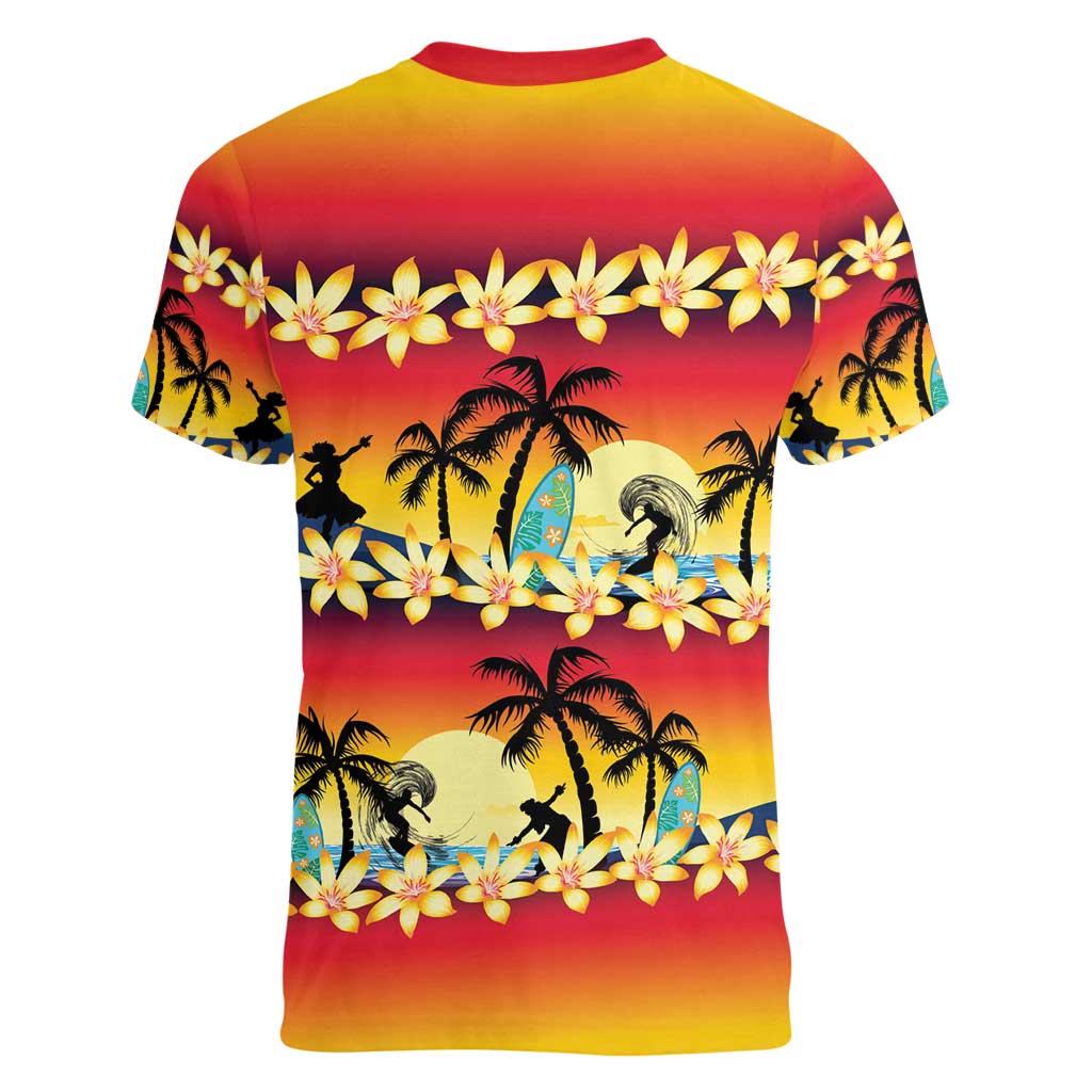 Tropical Islands Sunset Hawaii Women V-Neck T-Shirt Go Surfing With Hula Girl - Summer Vibes LT14 - Polynesian Pride