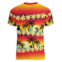 Tropical Islands Sunset Hawaii Women V-Neck T-Shirt Go Surfing With Hula Girl - Summer Vibes LT14 - Polynesian Pride