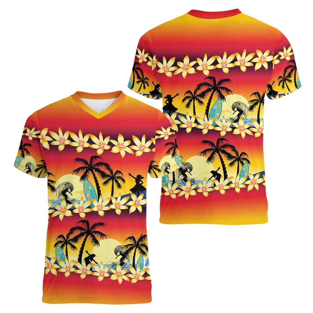 Tropical Islands Sunset Hawaii Women V-Neck T-Shirt Go Surfing With Hula Girl - Summer Vibes LT14 - Polynesian Pride