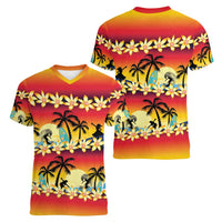 Tropical Islands Sunset Hawaii Women V-Neck T-Shirt Go Surfing With Hula Girl - Summer Vibes LT14 - Polynesian Pride