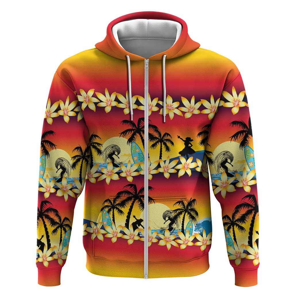 Tropical Islands Sunset Hawaii Zip Hoodie Go Surfing With Hula Girl - Summer Vibes LT14 Zip Hoodie Red - Polynesian Pride