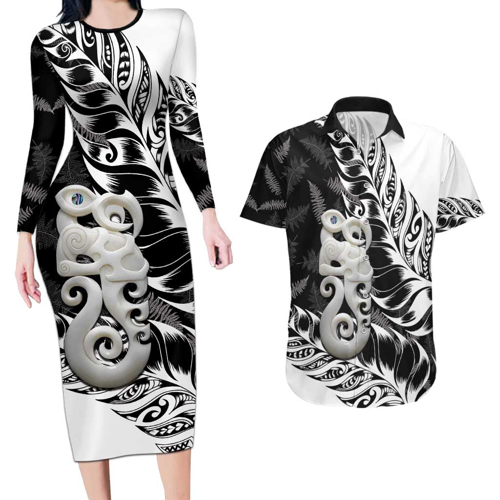 Aotearoa Manaia NZ Maori Silver Fern Couples Matching Long Sleeve Bodycon Dress and Hawaiian Shirt LT14 Black - Polynesian Pride