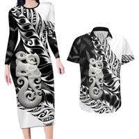 Aotearoa Manaia NZ Maori Silver Fern Couples Matching Long Sleeve Bodycon Dress and Hawaiian Shirt LT14 Black - Polynesian Pride