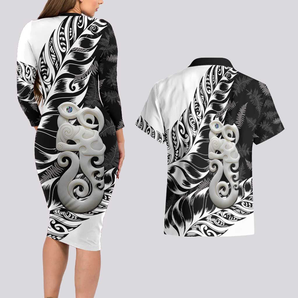 Aotearoa Manaia NZ Maori Silver Fern Couples Matching Long Sleeve Bodycon Dress and Hawaiian Shirt LT14 - Polynesian Pride