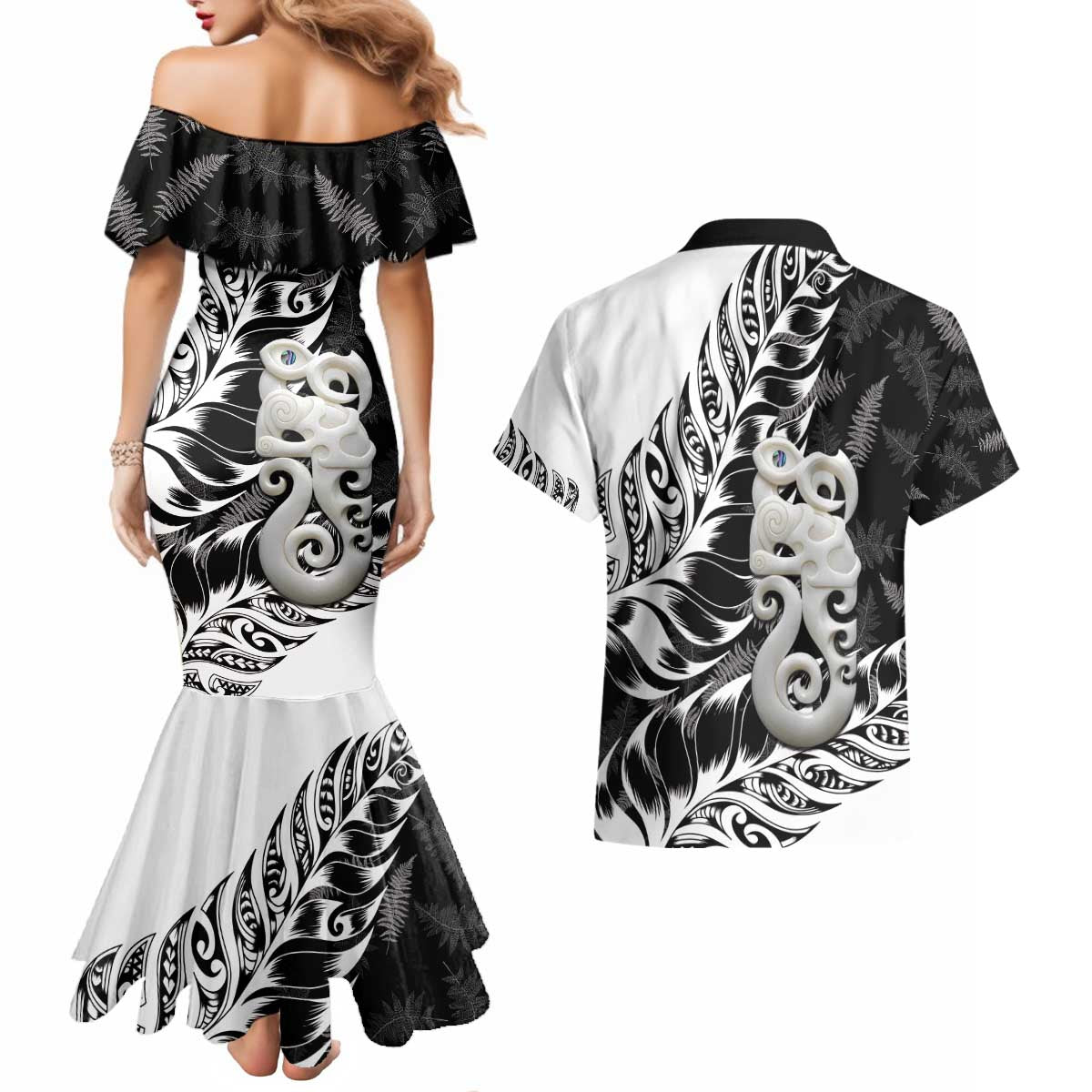 Aotearoa Manaia NZ Maori Silver Fern Couples Matching Mermaid Dress and Hawaiian Shirt LT14 - Polynesian Pride