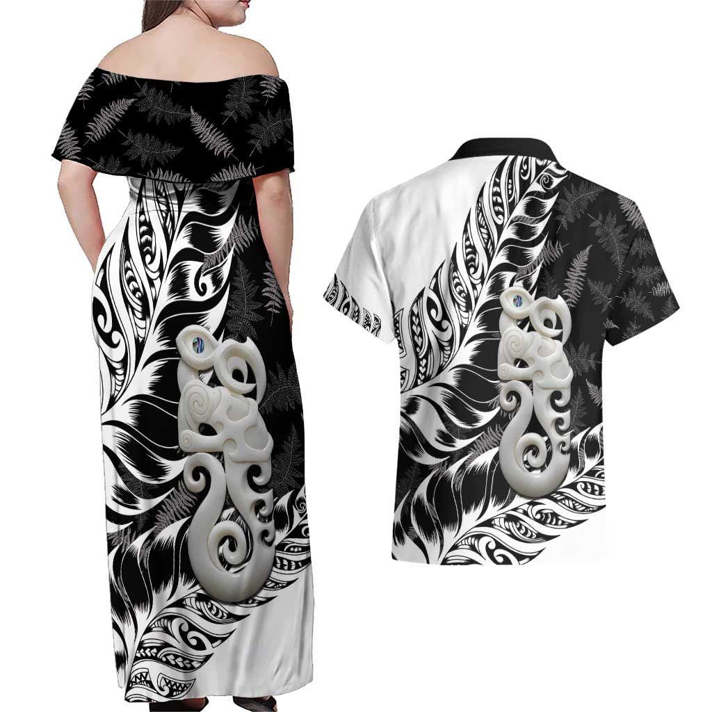 Aotearoa Manaia NZ Maori Silver Fern Couples Matching Off Shoulder Maxi Dress and Hawaiian Shirt LT14 - Polynesian Pride